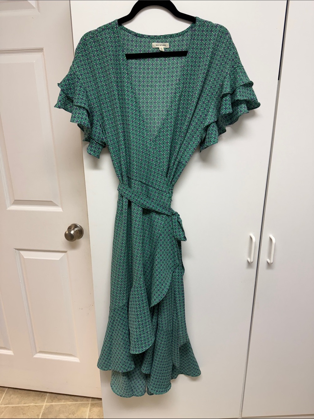 Max Studio Teal Floral Wrap Dress with Ruffle Sleeves
